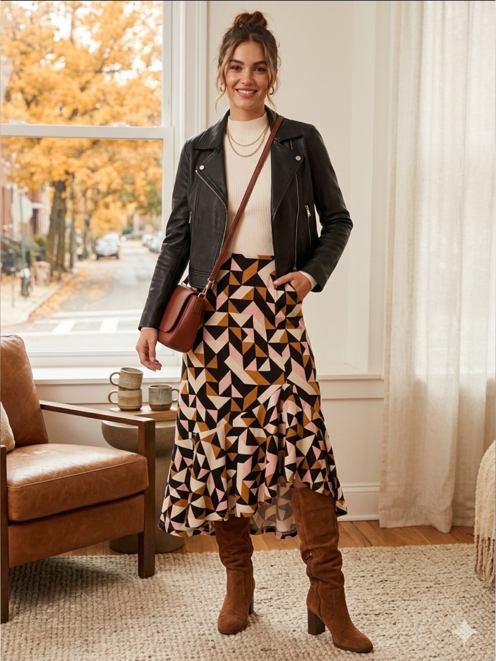 Anthropologie Maeve Tanya Geometric Knit Asymmetrical Ruffle Midi Skirt S Retro